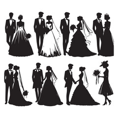 Silhouette set of wedding couples