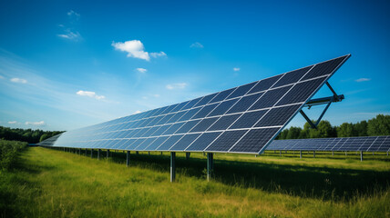 Solar panels on a blue sky background. The source of electricity in the modern world. Eco electricity.