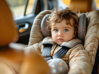 Curious Child Safely Buckled in Modern Car Seat on Family Road Trip