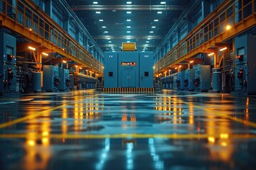 Electric power transmission lines. High voltage switchgear and equipment in front of power plant.