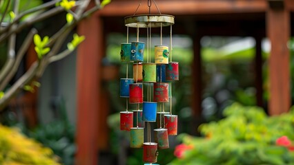 Upcycled Wind Chime: Creatively Stacked Discarded Tin Cans. Concept DIY, Upcycling, Wind Chime, Tin Cans, Home Decor