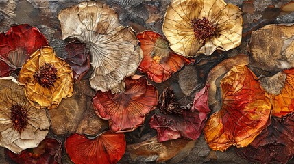 Create a visually striking composition of dried fruits from a unique worms-eye view angle Use mixed media techniques to add depth and dimension to the artwork Emphasize the contrast between the wither
