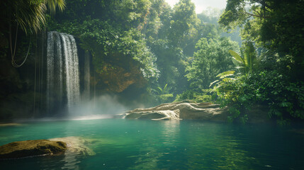 A majestic waterfall cascading down rocky cliffs into a crystal-clear pool surrounded by lush forest
