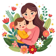 Mother's loving embrace of her precious baby against a backdrop of whimsical flowers