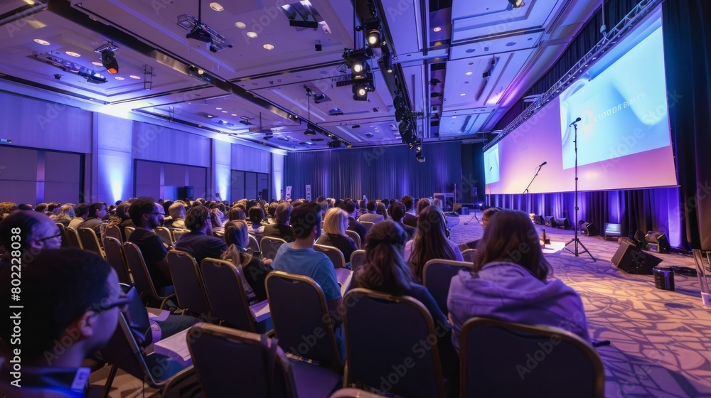 Poster a diverse group of individuals sitting in a room, facing a large projector screen displaying informa