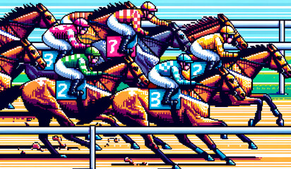 jockey riding horse in racer jockey sport pixel art illustration