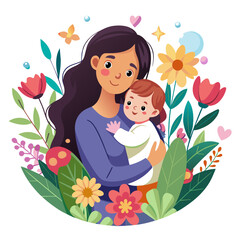 Mother's loving embrace of her precious baby against a backdrop of whimsical flowers