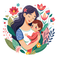 Mother's loving embrace of her precious baby against a backdrop of whimsical flowers