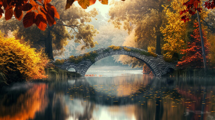 A historic stone bridge spanning a tranquil river, framed by colorful autumn trees on its banks.