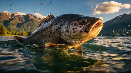 Close up of big perch fish jumping from the water with bursts in high mountain clean lake or river, at sunset or dawn, picturesque mountain summer landscape. Copy space.