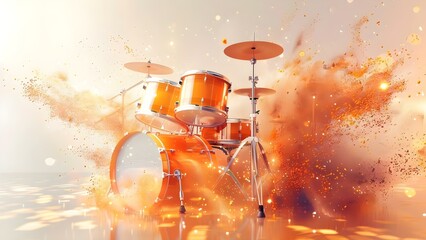 Abstract Dust Cloud Surrounding Colorful Drum Kit for World Music Day Banner. Concept World Music Day, Drum Kit, Abstract Dust Cloud, Colorful Props, Banner Design