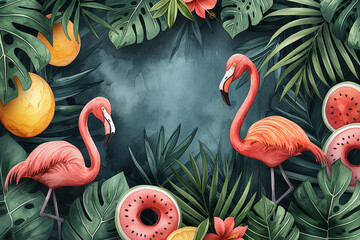 Watercolour illustration of summer vibes with two pink flamingos, green leaves of palm, donuts on green background. Close up. Selective focus. 