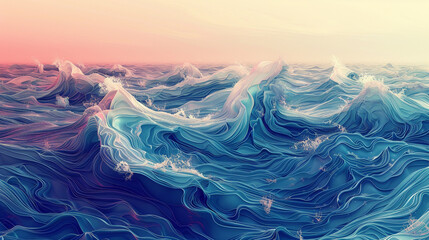 Design an AI-generated illustration that conveys the captivating beauty of ocean waves, with colors...