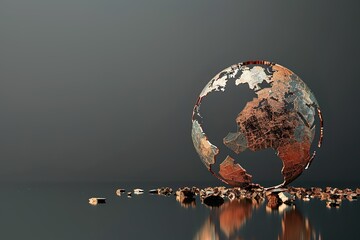 Earth Globe made from Copper with broken Pieces on dark background. Copper Earth Globe Fragmentation - World Environment Day Concept
