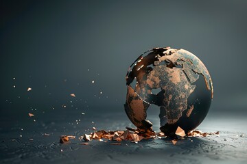 Earth Globe made from Copper with broken Pieces on dark background. Copper Earth Globe Fragmentation - World Environment Day Concept