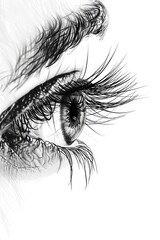 Obraz premium A black and white drawing of a woman's eye with long eyelashes.