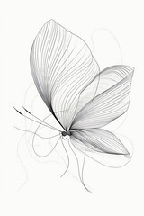 A black and white line drawing of a butterfly with it's wings spread.