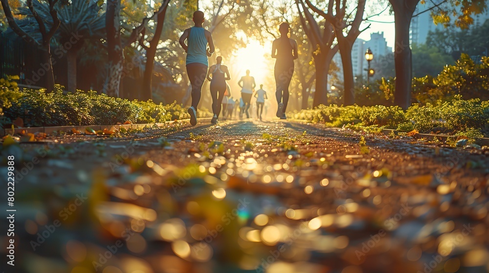 Poster Fitness trail in public park, people exercising, close up, community wellness, morning vibrance