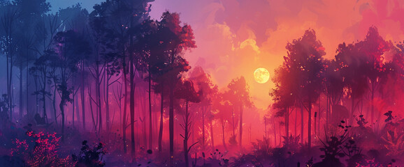 Design an AI-generated digital painting featuring a mystical forest bathed in moonlight against a...