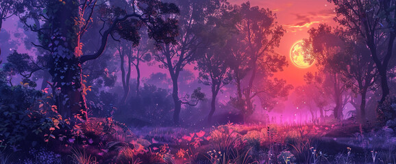 Design an AI-generated digital painting featuring a mystical forest bathed in moonlight against a...