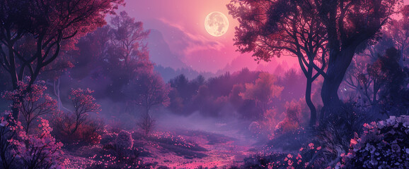 Design an AI-generated digital painting featuring a mystical forest bathed in moonlight against a...