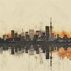 A watercolor painting of a cityscape with a setting sun.