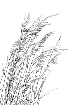 Black and white drawing of tall grass blowing in the wind.