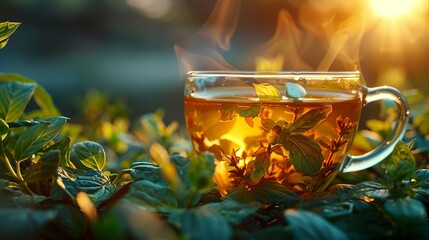 Herbal tea leaves steeping, essence of nature, close up, warmth of healing, morning glow 