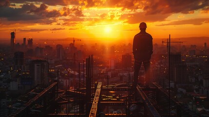 Silhouetted builder overlooking a lattice of girders at dusk, symbolizing development in a metropolitan context