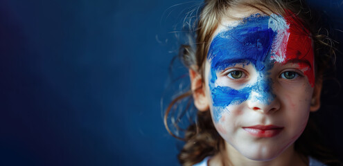 young girl with face painted in french flag colors looking at camera, copy space for text