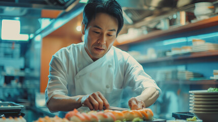 Senior man, chef at a traditional Japanese restaurant prepares sushi and fresh fish food.	