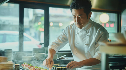 Senior man, chef at a traditional Japanese restaurant prepares sushi and fresh fish food.	