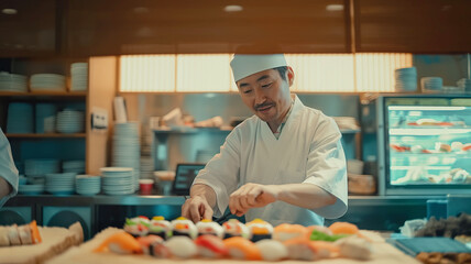 Senior man, chef at a traditional Japanese restaurant prepares sushi and fresh fish food.	