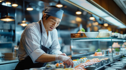 Senior man, chef at a traditional Japanese restaurant prepares sushi and fresh fish food.	