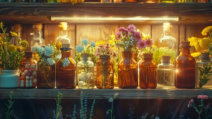 Homeopathic remedies in glass bottles, natural cures, close up, promise of gentleness, soft backlight 