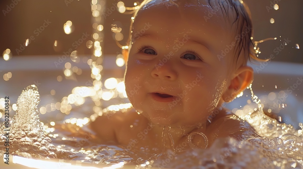 Poster Baby's first bath, gentle washing, close up, cleansing ritual, warm water glow 