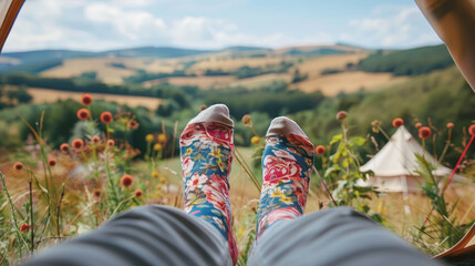 relaxing feet in colorful floral socks against a scenic camping background - obrazy, fototapety, plakaty