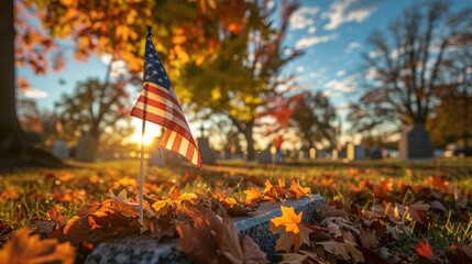 Autumn Tribute: National & Army Flags on Military Gravestone