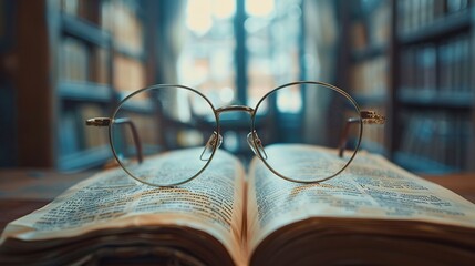 Reading glasses on a book, paused moment, close up, leisure in later years, soft window light