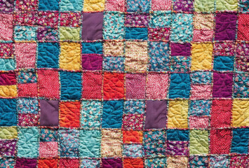 A vibrant patchwork quilt with assorted textures and colorful designs. AI generated.