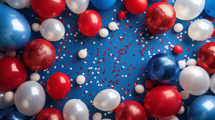 festive red, white, and blue balloons with confetti on a vibrant blue background