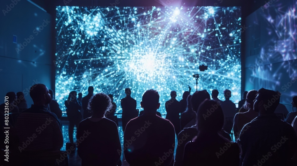 Poster a group of individuals standing in front of a massive electronic display, engaged in what appears to