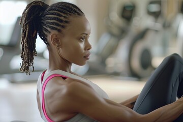 Young African American woman in exercise clothes She has strong muscles in the fitness gym. Generative Ai