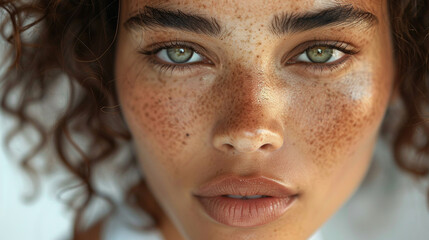 A model with vitiligo, their unique skin tone beautifully highlighted by a minimalist white dress.