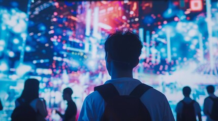 A man stands before a massive screen.