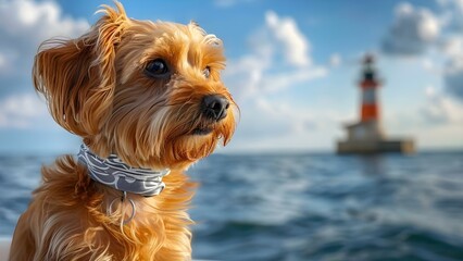 Lowchen dog wearing an anxiety wrap near a lighthouse: A detailed close-up photograph. Concept Animal Photography, Lowchen Breed, Anxiety Wrap, Lighthouse, Close-up Portrait