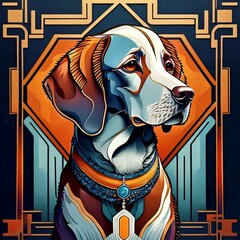 Contemplative Dog illustration in Art Deco, Orange & Midnight Palette, Geometric Art. Concept of Serious Dogs, Animal Portrait, Expressive Animals