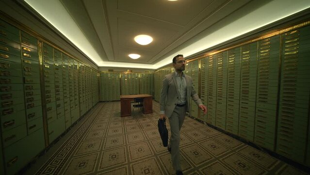 Businessman Entering Bank Safe Vault Room Storing Silver Bullion Inside Deposit
