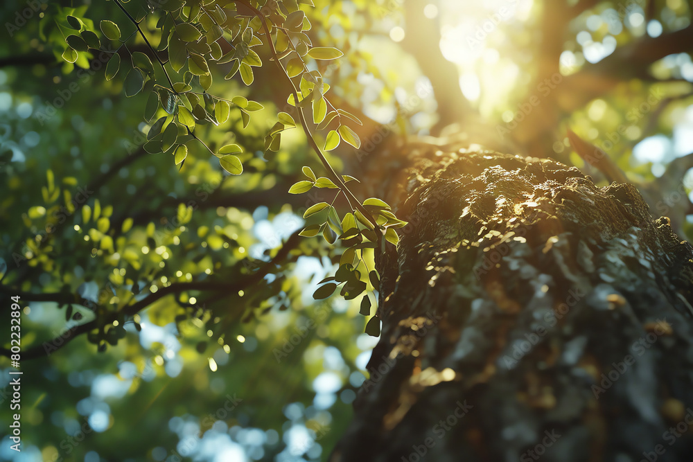 Poster sunlight filtering through leaves on a tree trunk in a serene forest during the afternoon