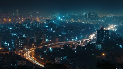 Obraz premium A photograph of a city at night from the road view 